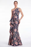 Pink Flower Mermaid One Shoulder Jacquard Long Mother Of the Bride Dress with Ruffles