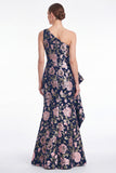 Pink Flower Mermaid One Shoulder Jacquard Long Mother Of the Bride Dress with Ruffles