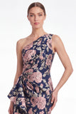 Pink Flower Mermaid One Shoulder Jacquard Long Mother Of the Bride Dress with Ruffles