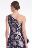 Pink Flower Mermaid One Shoulder Jacquard Long Mother Of the Bride Dress with Ruffles