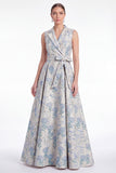 A-Line Pink Flower Notch Lapel Jacquard Long Mother Of the Bride Dress with Belt
