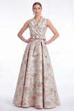 A-Line Pink Flower Notch Lapel Jacquard Long Mother Of the Bride Dress with Belt