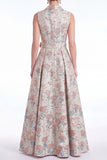 A-Line Pink Flower Notch Lapel Jacquard Long Mother Of the Bride Dress with Belt