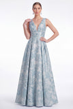 A-Line Blue Flower Jacquard V-Neck Long Mother Of the Bride Dress