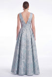 A-Line Blue Flower Jacquard V-Neck Long Mother Of the Bride Dress