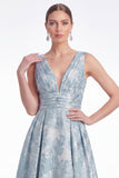 A-Line Blue Flower Jacquard V-Neck Long Mother Of the Bride Dress
