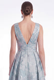 A-Line Blue Flower Jacquard V-Neck Long Mother Of the Bride Dress