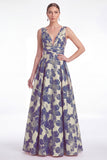 A-Line Blue Flower Jacquard V-Neck Long Mother Of the Bride Dress
