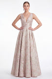 A-Line Blue Flower Jacquard V-Neck Long Mother Of the Bride Dress