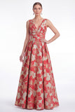 A-Line Blue Flower Jacquard V-Neck Long Mother Of the Bride Dress