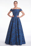 Off the Shoulder Blue A-Line Floral Jacquard Long Mother Of the Bride Dress