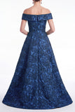 Off the Shoulder Blue A-Line Floral Jacquard Long Mother Of the Bride Dress