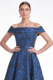Off the Shoulder Blue A-Line Floral Jacquard Long Mother Of the Bride Dress