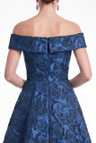 Off the Shoulder Blue A-Line Floral Jacquard Long Mother Of the Bride Dress