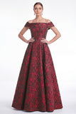 Off the Shoulder Blue A-Line Floral Jacquard Long Mother Of the Bride Dress