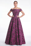 Off the Shoulder Blue A-Line Floral Jacquard Long Mother Of the Bride Dress