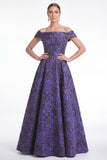 Off the Shoulder Blue A-Line Floral Jacquard Long Mother Of the Bride Dress