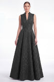 A-Line Green Flower Jacquard V-Neck Long Mother Of the Bride Dress