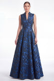 A-Line Green Flower Jacquard V-Neck Long Mother Of the Bride Dress