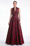 A-Line Green Flower Jacquard V-Neck Long Mother Of the Bride Dress