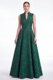 A-Line Green Flower Jacquard V-Neck Long Mother Of the Bride Dress