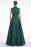 A-Line Green Flower Jacquard V-Neck Long Mother Of the Bride Dress