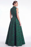 A-Line Green Flower Jacquard V-Neck Long Mother Of the Bride Dress