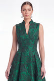 A-Line Green Flower Jacquard V-Neck Long Mother Of the Bride Dress