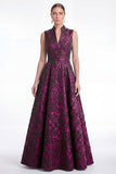 A-Line Green Flower Jacquard V-Neck Long Mother Of the Bride Dress