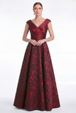 Plum Flower Jacquard A-Line V-Neck Long Mother Of the Bride Dress