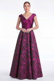 Plum Flower Jacquard A-Line V-Neck Long Mother Of the Bride Dress