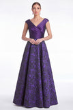 Plum Flower Jacquard A-Line V-Neck Long Mother Of the Bride Dress