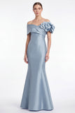 Dusty Blue Satin Off the Shoulder Mermaid Long Mother Of the Bride Dress with 3D Flower