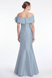 Dusty Blue Satin Off the Shoulder Mermaid Long Mother Of the Bride Dress with 3D Flower
