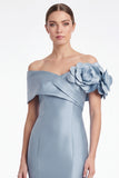 Dusty Blue Satin Off the Shoulder Mermaid Long Mother Of the Bride Dress with 3D Flower