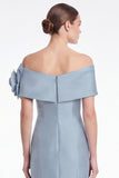 Dusty Blue Satin Off the Shoulder Mermaid Long Mother Of the Bride Dress with 3D Flower