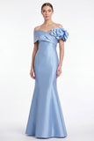 Dusty Blue Satin Off the Shoulder Mermaid Long Mother Of the Bride Dress with 3D Flower