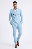 Beige 2 Piece Double Breasted Peak Lapel Men's Suits