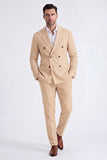 Beige Peak Lapel Double Breasted 2 Piece Men's Suits