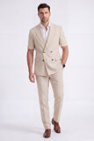 Light Khaki 2 Piece Peak Lapel Double Breasted Men Formal Suits with Sleeves