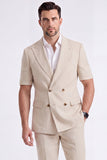 Light Khaki 2 Piece Peak Lapel Double Breasted Men Formal Suits with Sleeves