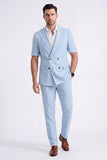 Light Khaki 2 Piece Peak Lapel Double Breasted Men Formal Suits with Sleeves