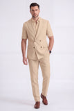 Light Khaki 2 Piece Peak Lapel Double Breasted Men Formal Suits with Sleeves