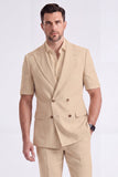 Light Khaki 2 Piece Peak Lapel Double Breasted Men Formal Suits with Sleeves