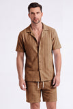Men's 2 Piece Knit Summer Outfits Casual Short Sleeve Cuban Collar Shirt and Shorts Set