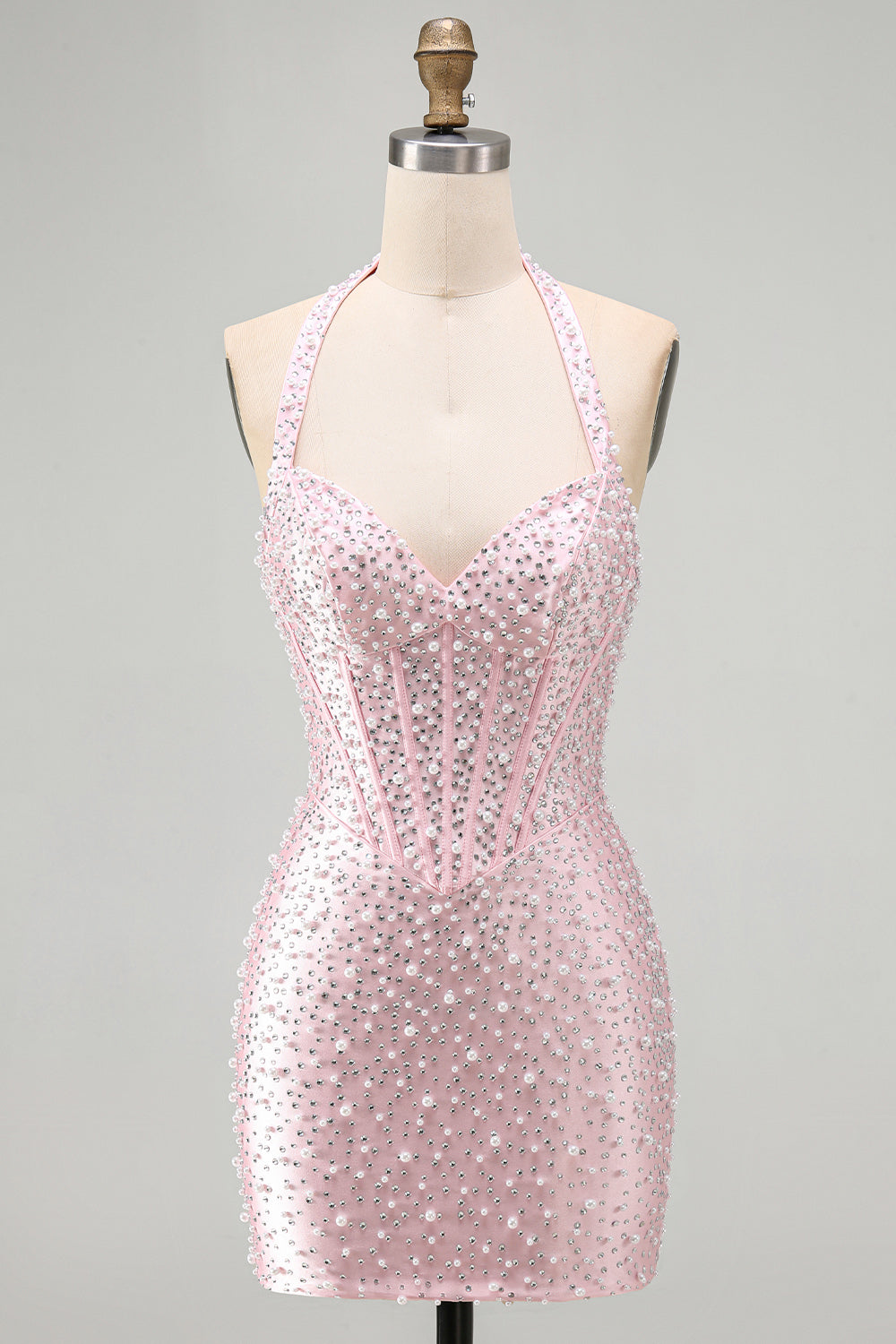 ZAPAKA Women Pink Bodycon Homecoming Dress with Beading Halter Pearls Backless Corset Short Prom Dress