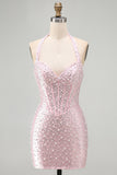 Pink Bodycon Halter Pearls Backless Corset Short Homecoming Dress with Beading