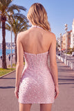 Pink Bodycon Halter Pearls Backless Corset Short Homecoming Dress with Beading