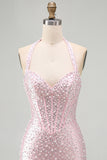 Pink Bodycon Halter Pearls Backless Corset Short Homecoming Dress with Beading