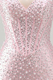 Pink Bodycon Halter Pearls Backless Corset Short Homecoming Dress with Beading